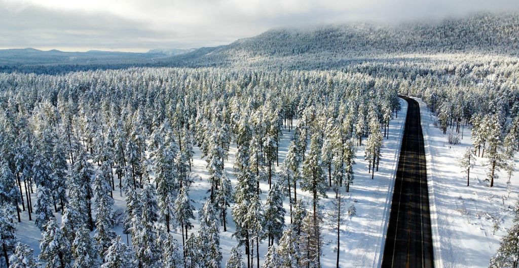 aerial view of a winter road scene in northern arizona