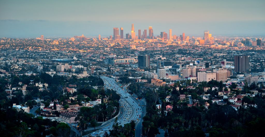 los angeles skyline glowing from the sunset